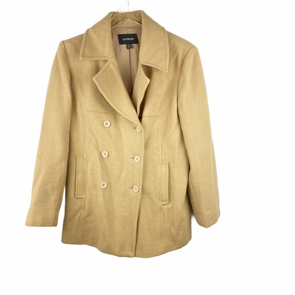 EXPRESS Wool Pea Coat Double Breasted Tan Size 9/10 - Picture 2 of 7